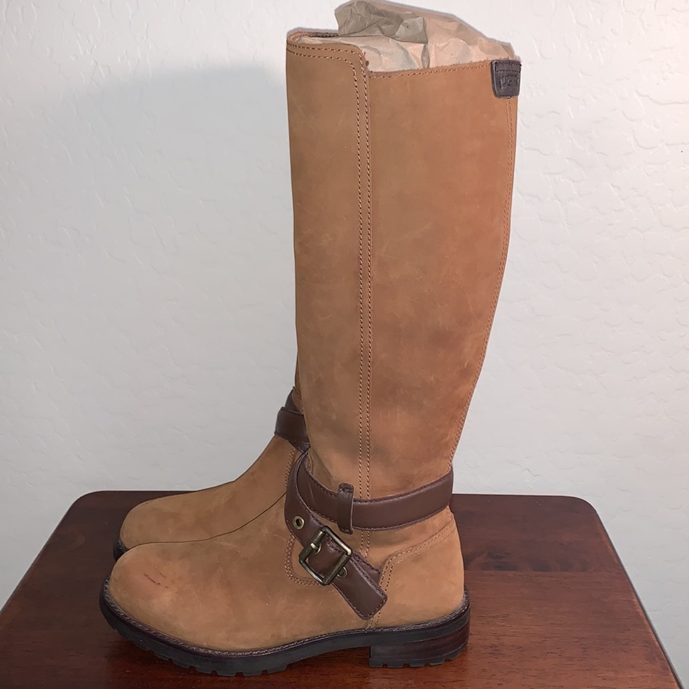 UGG SIZE 6.5 HARRINGTON CHESTNUT LEATHER WATER RESISTANT TALL BEAUTIFUL BOOTS - Picture 6 of 15